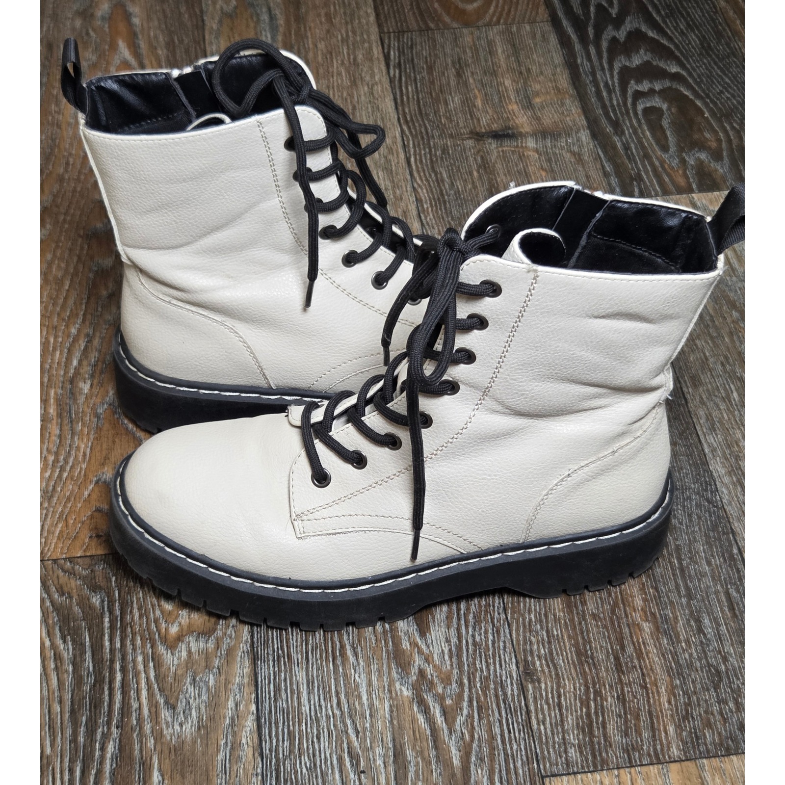 Sincerely Jules Harley-2 Off White Combat Boots Lug Sole Side Zip Womens 8.5